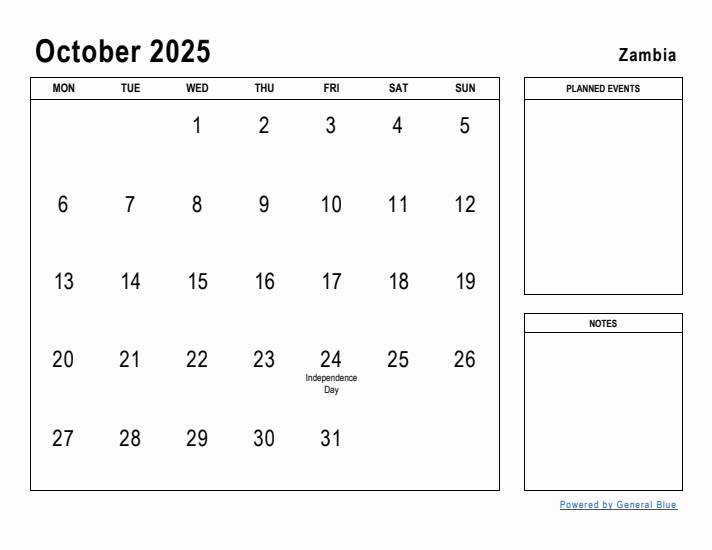 October 2025 Printable Monthly Calendar with Zambia Holidays