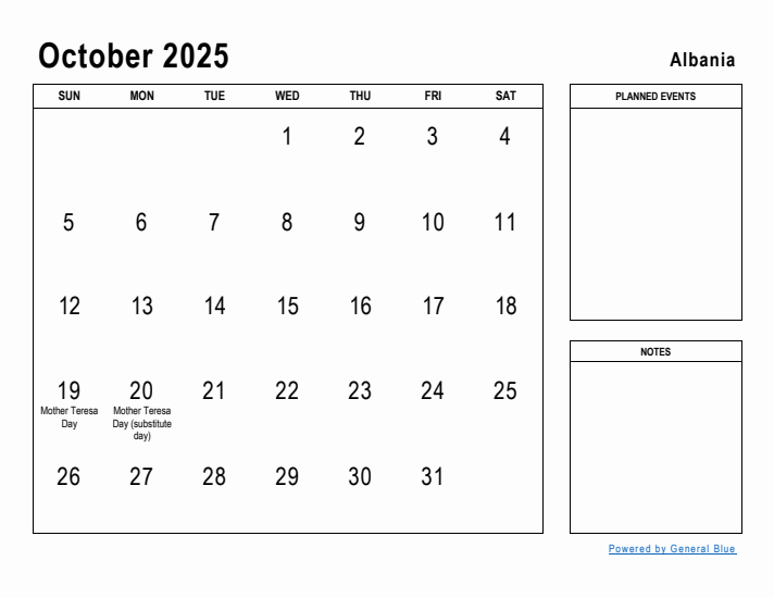 October 2025 Printable Monthly Calendar with Albania Holidays