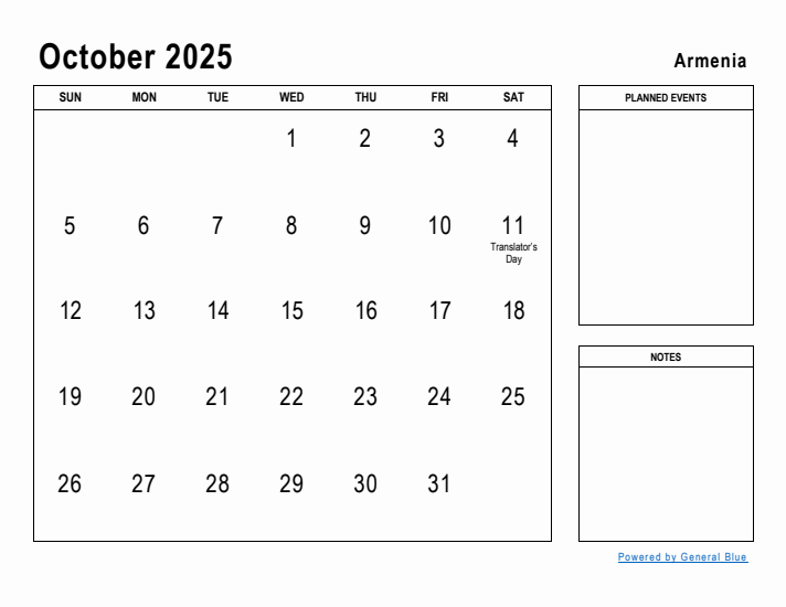 October 2025 Printable Monthly Calendar with Armenia Holidays