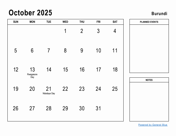 October 2025 Printable Monthly Calendar with Burundi Holidays