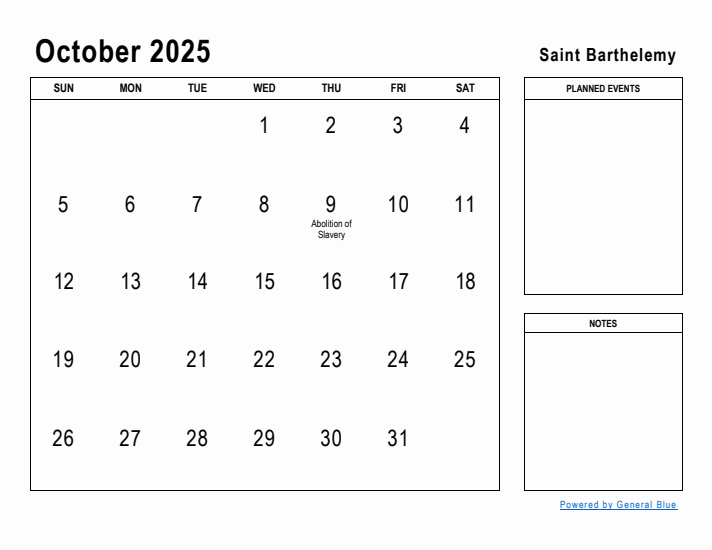 October 2025 Printable Monthly Calendar with Saint Barthelemy Holidays