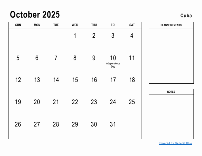 October 2025 Printable Monthly Calendar with Cuba Holidays