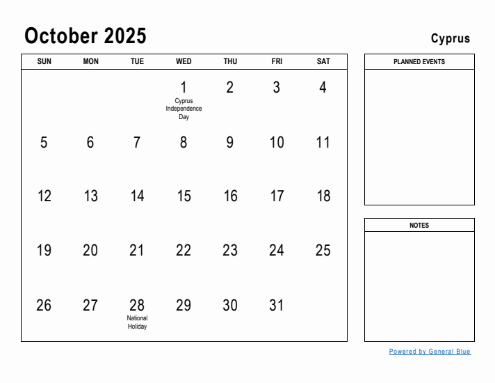 October 2025 Printable Monthly Calendar with Cyprus Holidays