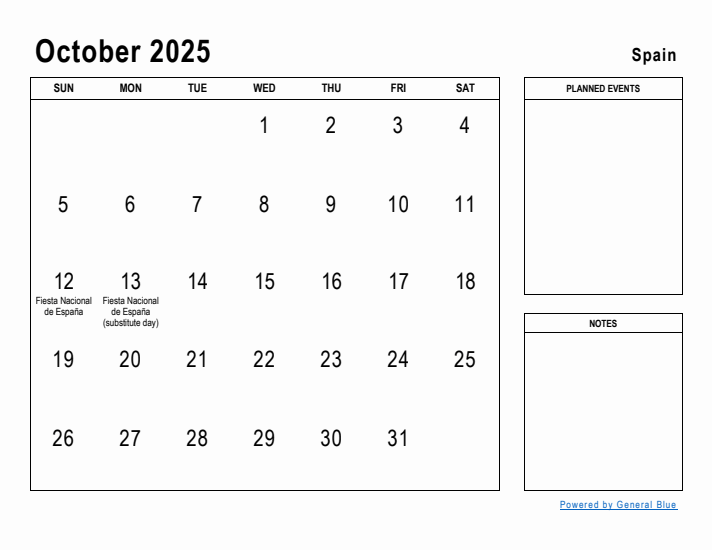 October 2025 Printable Monthly Calendar with Spain Holidays