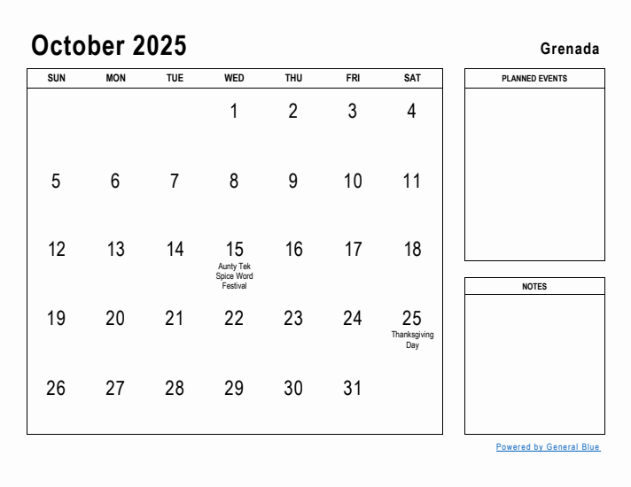 October 2025 Printable Monthly Calendar with Grenada Holidays