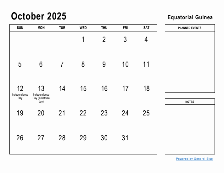 October 2025 Printable Monthly Calendar with Equatorial Guinea Holidays