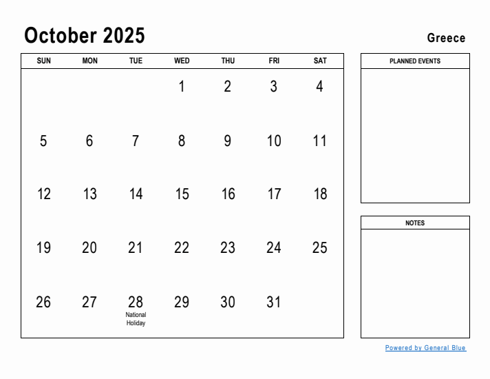 October 2025 Printable Monthly Calendar with Greece Holidays