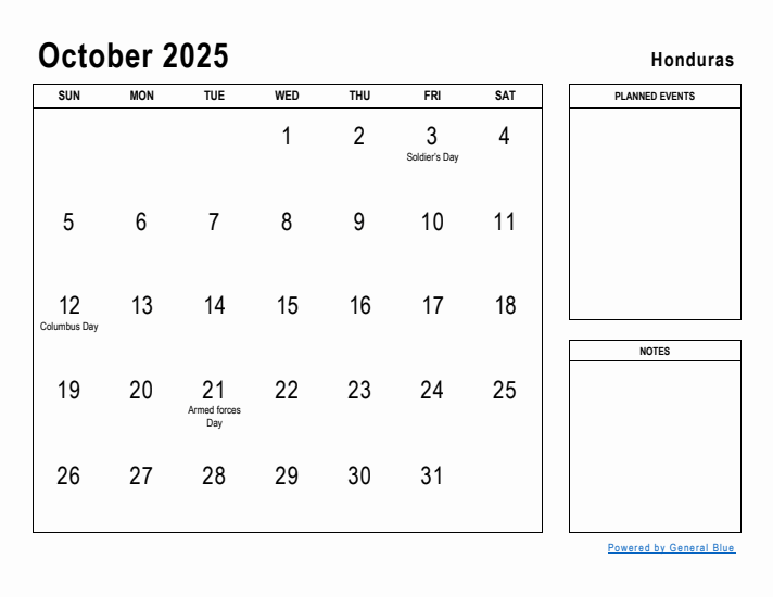 October 2025 Printable Monthly Calendar with Honduras Holidays