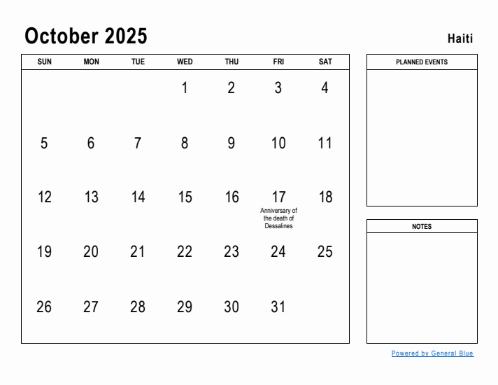 October 2025 Printable Monthly Calendar with Haiti Holidays