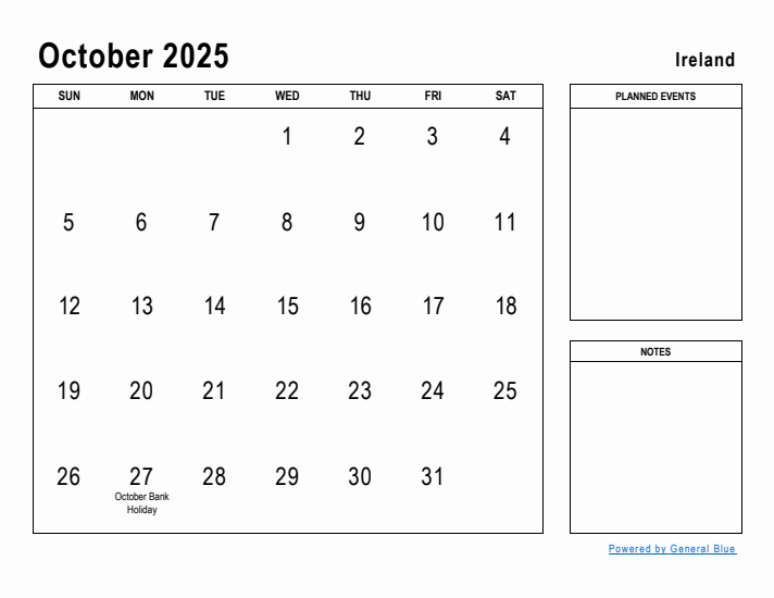 October 2025 Printable Monthly Calendar with Ireland Holidays