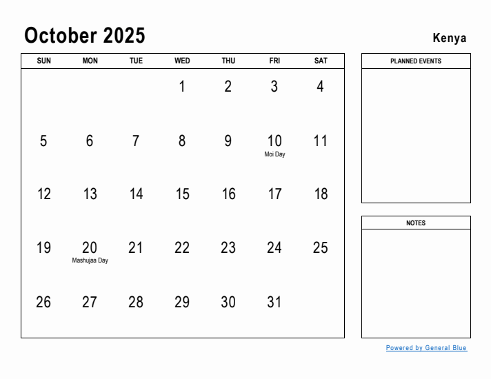 October 2025 Printable Monthly Calendar with Kenya Holidays