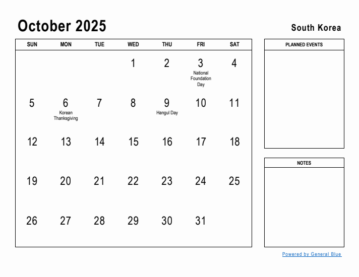 October 2025 Printable Monthly Calendar with South Korea Holidays