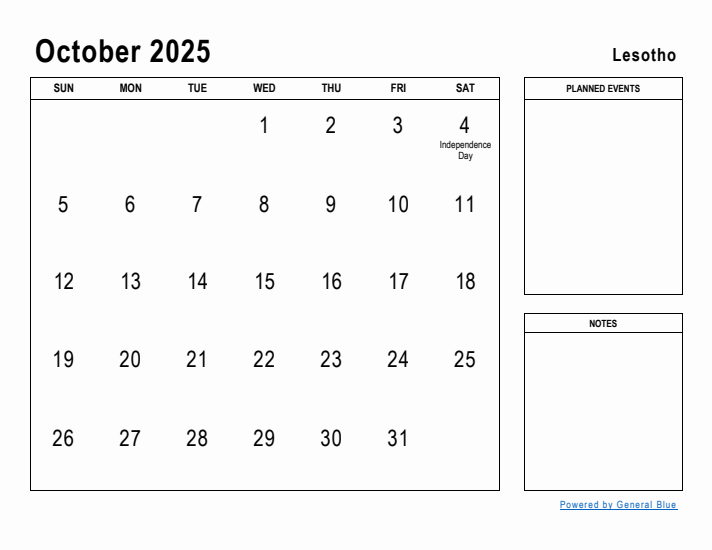 October 2025 Printable Monthly Calendar with Lesotho Holidays