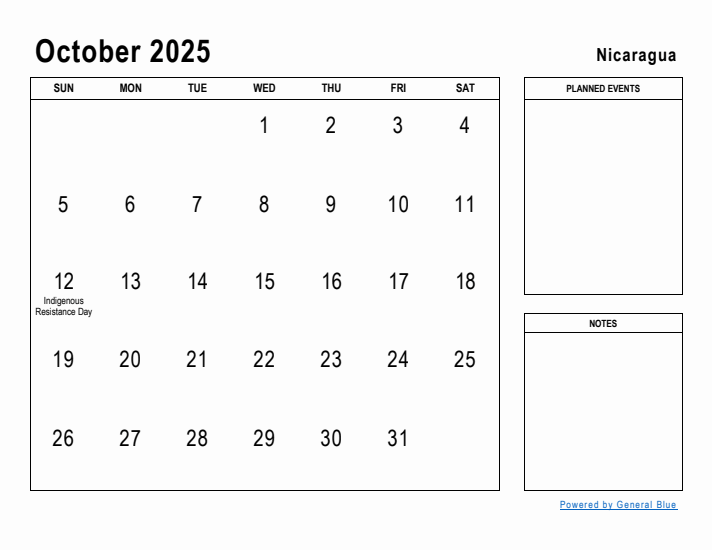 October 2025 Printable Monthly Calendar with Nicaragua Holidays