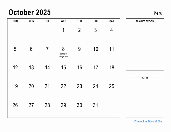 October 2025 Printable Monthly Calendar with Peru Holidays