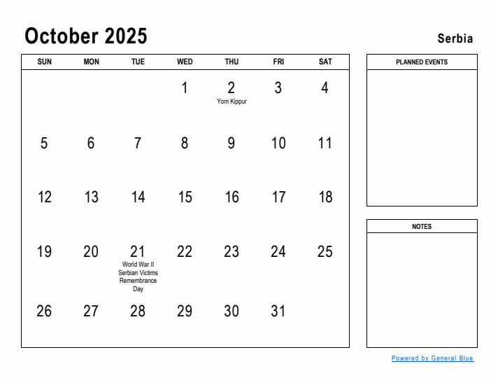 October 2025 Printable Monthly Calendar with Serbia Holidays