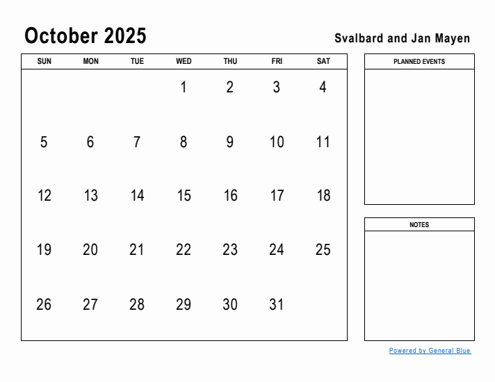 October 2025 Printable Monthly Calendar with Svalbard and Jan Mayen Holidays