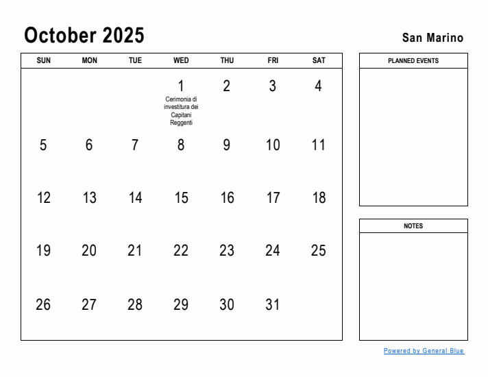 October 2025 Printable Monthly Calendar with San Marino Holidays