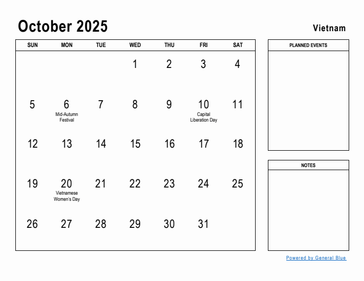 October 2025 Printable Monthly Calendar with Vietnam Holidays