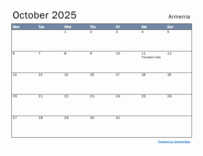 October 2025 Simple Monthly Calendar for Armenia