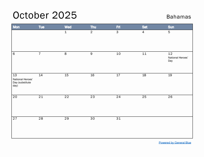 October 2025 Simple Monthly Calendar for Bahamas