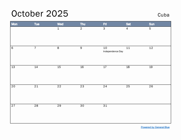 October 2025 Simple Monthly Calendar for Cuba