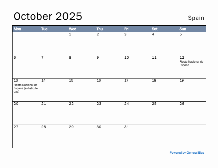 October 2025 Simple Monthly Calendar for Spain