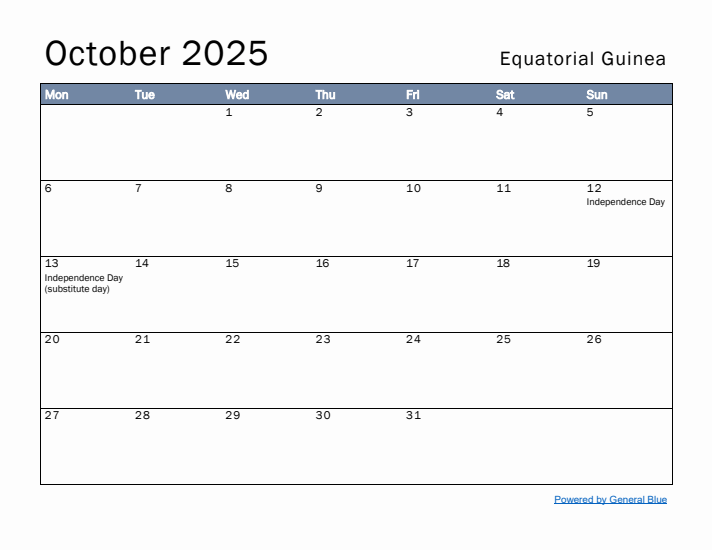 October 2025 Simple Monthly Calendar for Equatorial Guinea