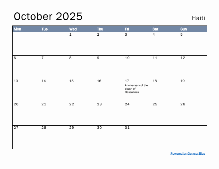 October 2025 Simple Monthly Calendar for Haiti