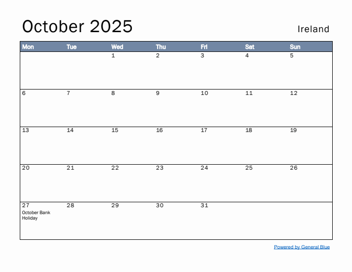 October 2025 Simple Monthly Calendar for Ireland