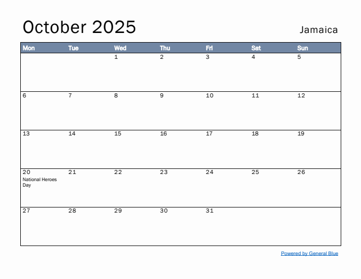 October 2025 Simple Monthly Calendar for Jamaica