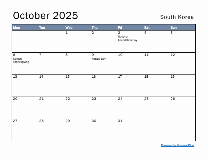 October 2025 Simple Monthly Calendar for South Korea