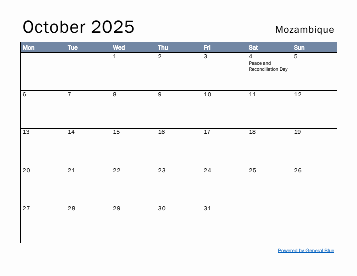 October 2025 Simple Monthly Calendar for Mozambique