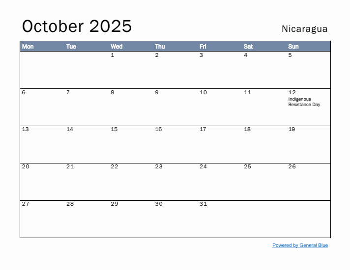 October 2025 Simple Monthly Calendar for Nicaragua