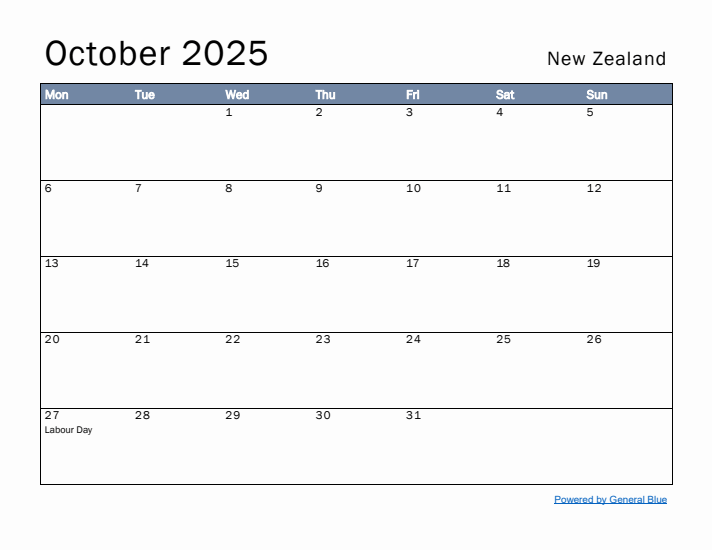 October 2025 Simple Monthly Calendar for New Zealand