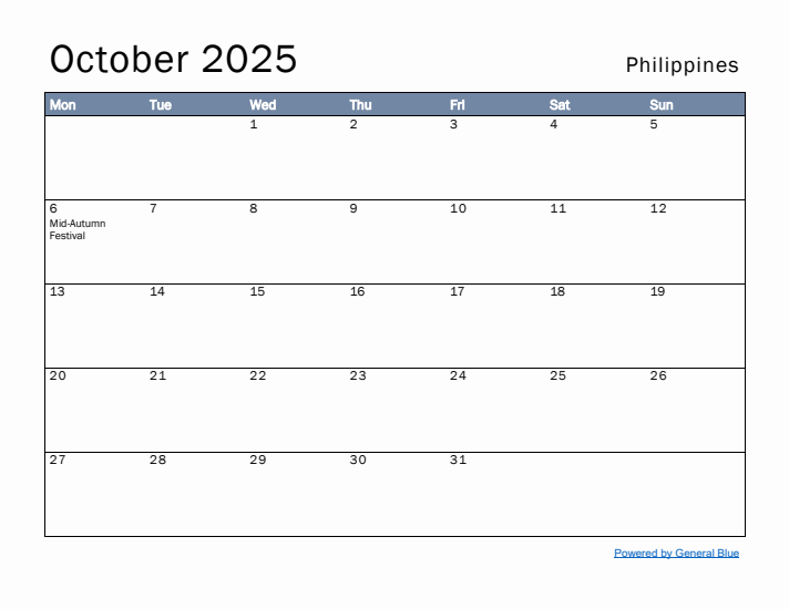 October 2025 Simple Monthly Calendar for Philippines