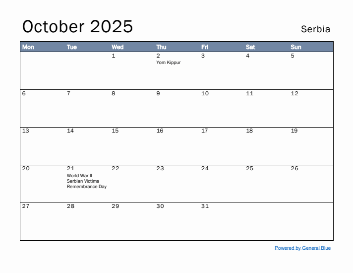 October 2025 Simple Monthly Calendar for Serbia