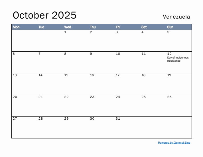 October 2025 Simple Monthly Calendar for Venezuela