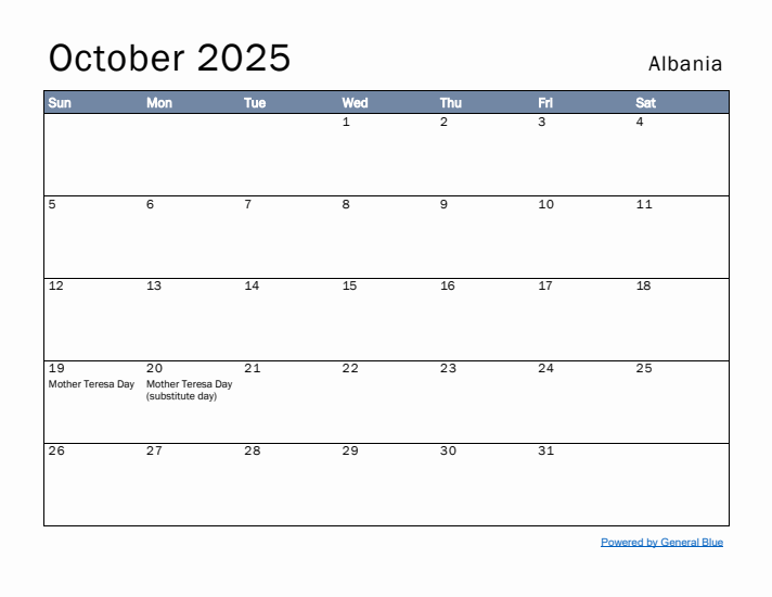 October 2025 Simple Monthly Calendar for Albania