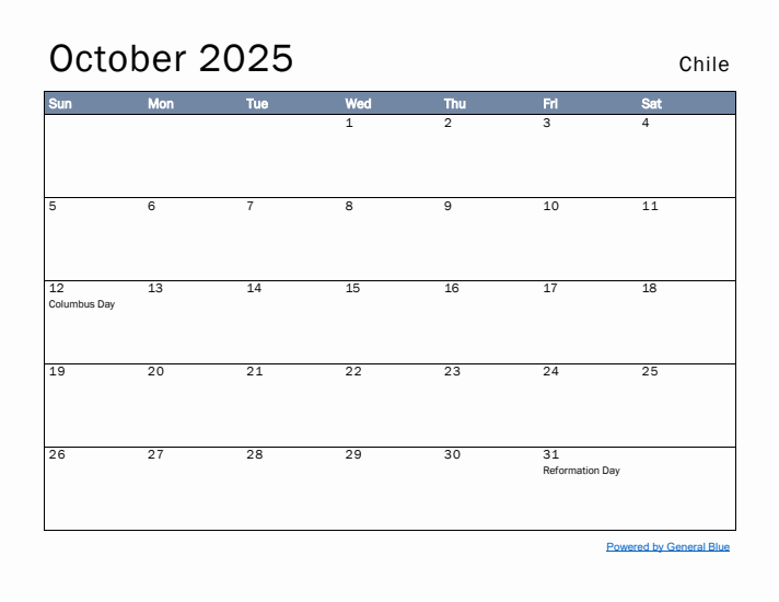 October 2025 Simple Monthly Calendar for Chile