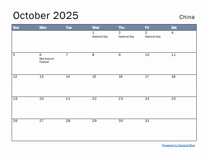 October 2025 Simple Monthly Calendar for China