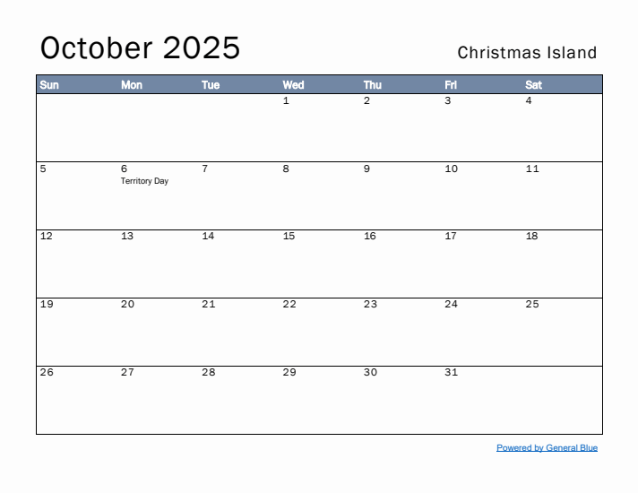 October 2025 Simple Monthly Calendar for Christmas Island