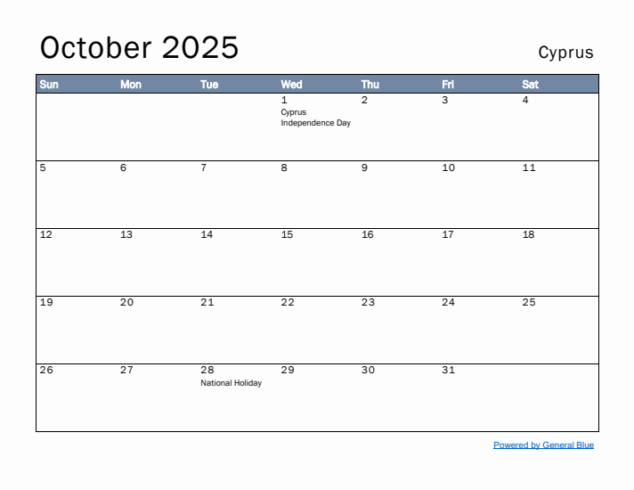 October 2025 Simple Monthly Calendar for Cyprus