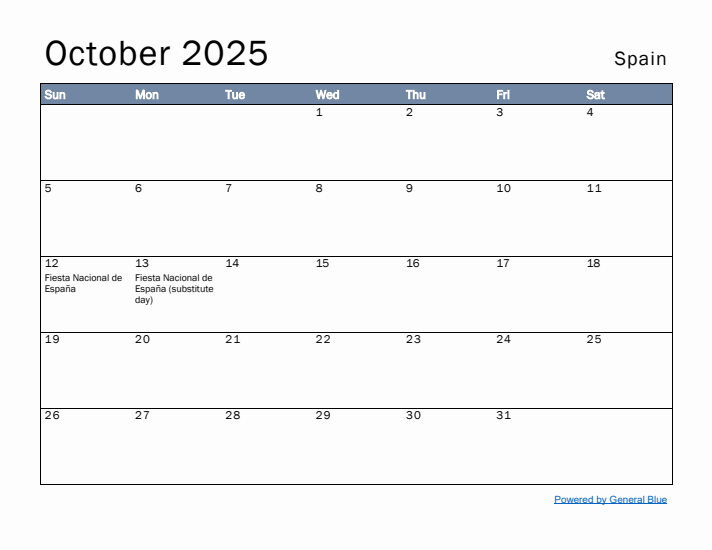 October 2025 Simple Monthly Calendar for Spain