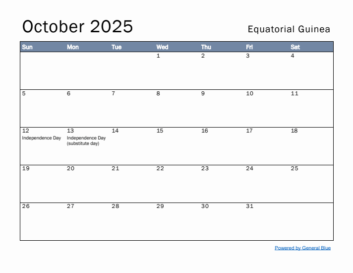 October 2025 Simple Monthly Calendar for Equatorial Guinea