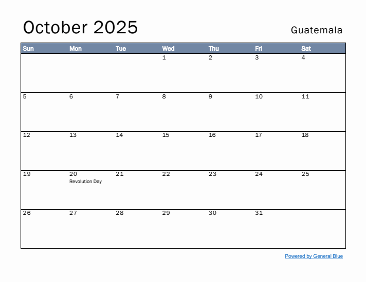 October 2025 Simple Monthly Calendar for Guatemala