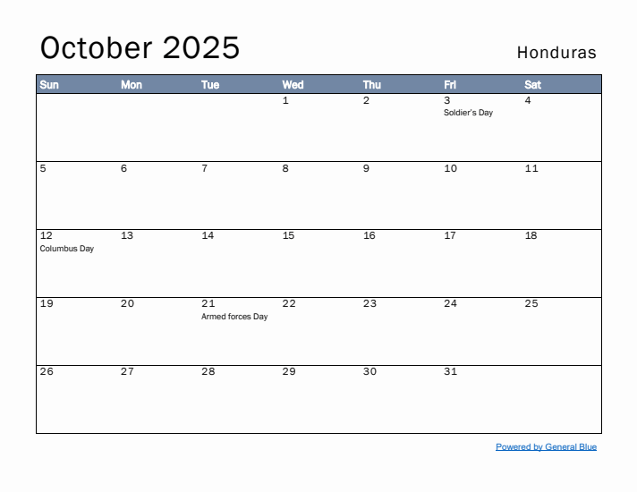 October 2025 Simple Monthly Calendar for Honduras