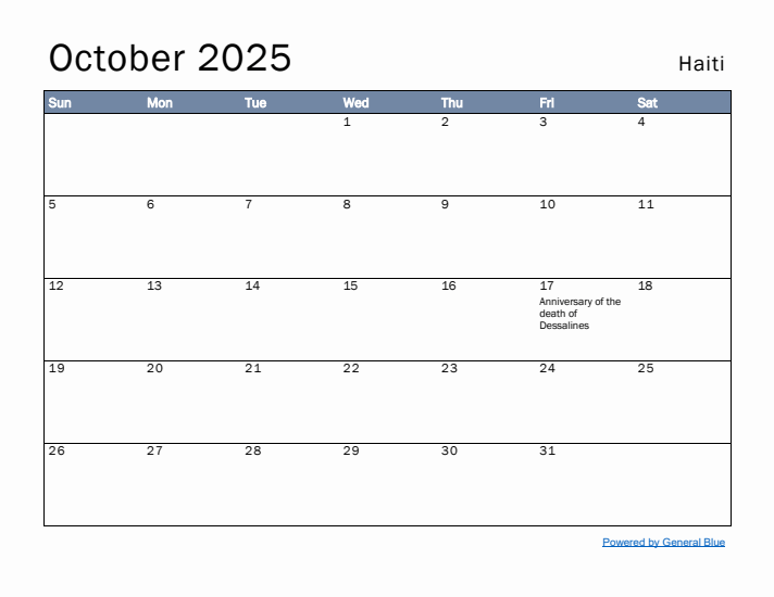 October 2025 Simple Monthly Calendar for Haiti