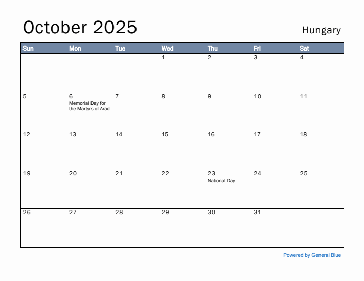 October 2025 Simple Monthly Calendar for Hungary