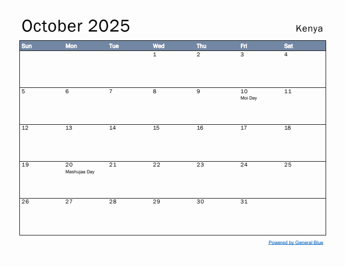 October 2025 Simple Monthly Calendar for Kenya